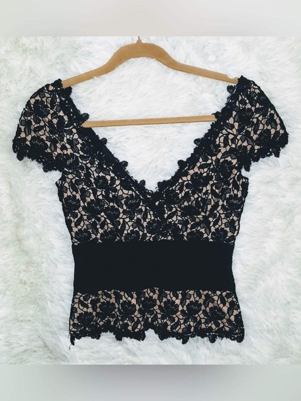 TADASHI COLLECTION Black Lace Overlay Silk Top 2, $285